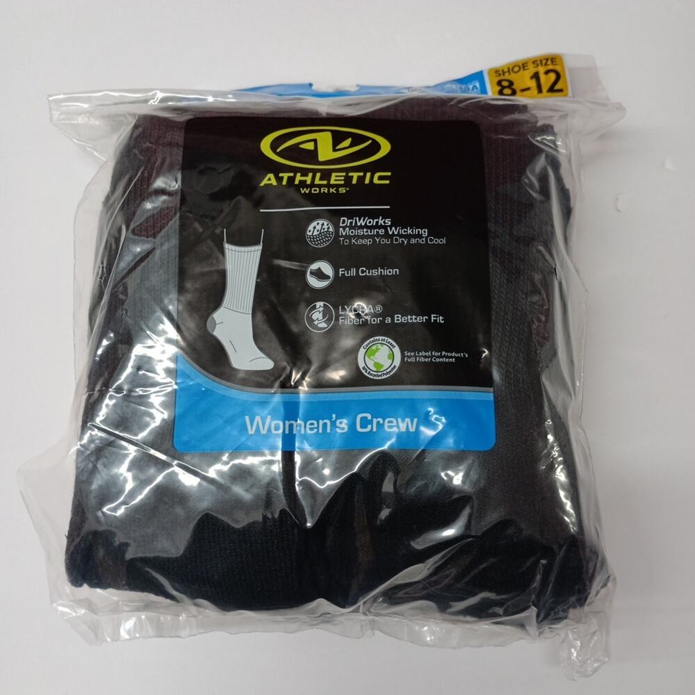 Athletic Works Women's Crew Socks‎ 10 PAIRS Shoe Size 8-12 Cushioned BLACK
